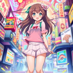 A full-length anime girl character with a cute and stylish appearance, wearing a short skirt that highlights her youthful and playful vibe