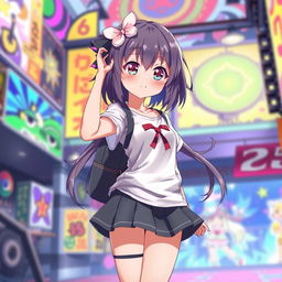 A full-length anime girl character with a cute and stylish appearance, wearing a short skirt that highlights her youthful and playful vibe