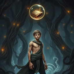 A fantasy book cover depicting a mystical forest with dark, enchanting elements