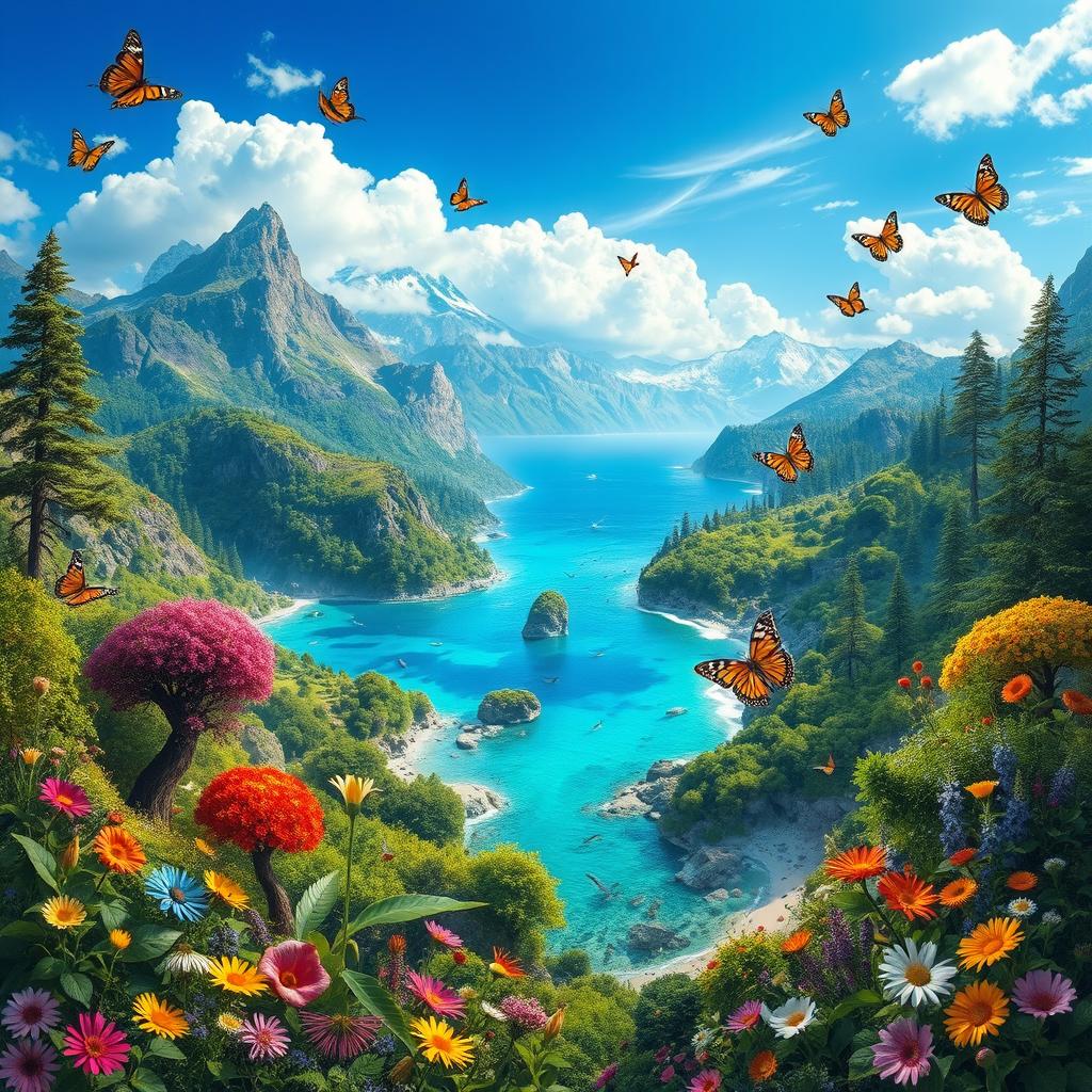 an enchanting and imaginative scene depicting a "Wonderful World" filled with vibrant and diverse landscapes