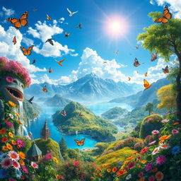 an enchanting and imaginative scene depicting a "Wonderful World" filled with vibrant and diverse landscapes