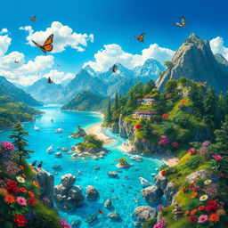 an enchanting and imaginative scene depicting a "Wonderful World" filled with vibrant and diverse landscapes