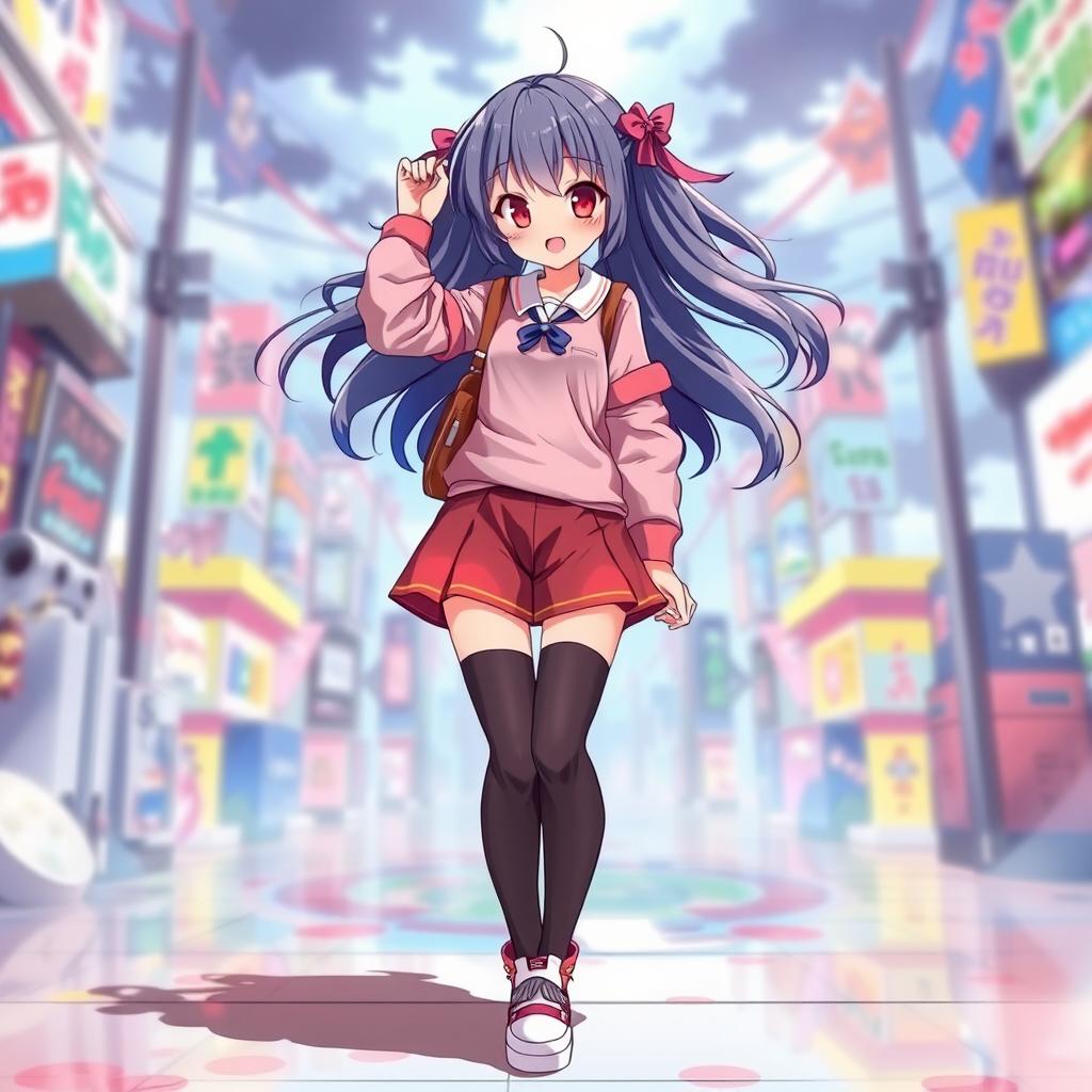 A full-length anime girl character with a vibrant and playful appearance, wearing a short skirt paired with stylish tights