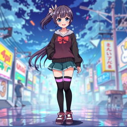 A full-length anime girl character with a vibrant and playful appearance, wearing a short skirt paired with stylish tights