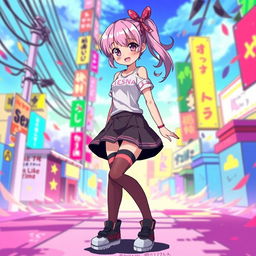 A full-length anime girl character with a vibrant and playful appearance, wearing a short skirt paired with stylish tights