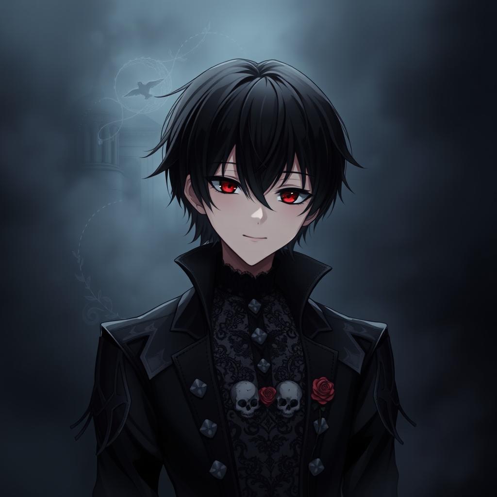 A gothic, depressive anime boy character with one eye red and the other black, having black hair