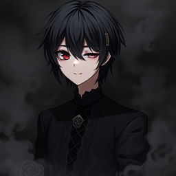 A gothic, depressive anime boy character with one eye red and the other black, having black hair