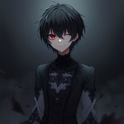 A gothic, depressive anime boy character with one eye red and the other black, having black hair