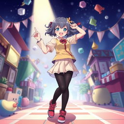 A full-length view of a high-spirited anime girl in a playful mood, wearing a short skirt and stylish tights