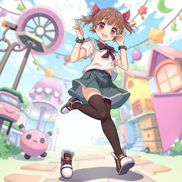 A full-length view of a high-spirited anime girl in a playful mood, wearing a short skirt and stylish tights