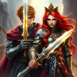 A captivating fantasy book cover featuring a young king and a fierce young queen warrior