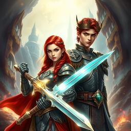 A captivating fantasy book cover featuring a young king and a fierce young queen warrior