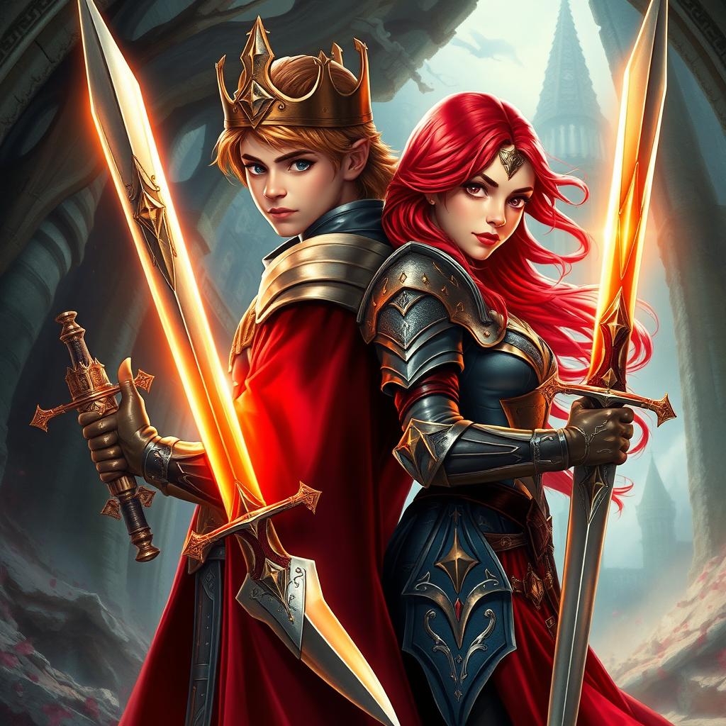 A captivating fantasy book cover featuring a young king and a fierce young queen warrior with vibrant red hair, both wielding shiny swords that gleam with power