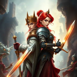 A captivating fantasy book cover featuring a young king and a fierce young queen warrior with vibrant red hair, both wielding shiny swords that gleam with power