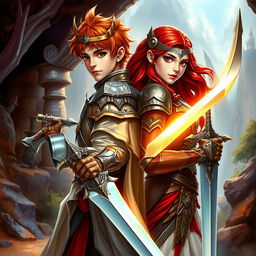 A captivating fantasy book cover featuring a young king and a fierce young queen warrior with vibrant red hair, both wielding shiny swords that gleam with power