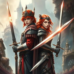 A captivating fantasy book cover featuring a young king and a fierce young queen warrior with vibrant red hair, both wielding shiny swords that gleam with power