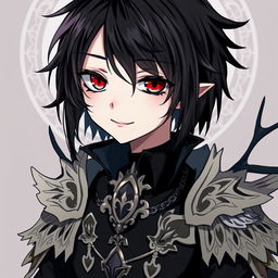 A gothic and depressive anime boy with one red eye and one black eye, with black hair and a subtle smile