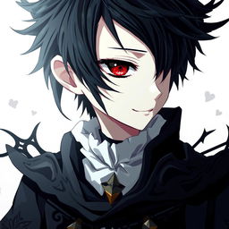 A gothic and depressive anime boy with one red eye and one black eye, with black hair and a subtle smile