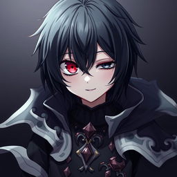 A gothic and depressive anime boy with one red eye and one black eye, with black hair and a subtle smile