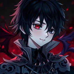 A gothic and depressive anime boy with one red eye and one black eye, with black hair and a subtle smile