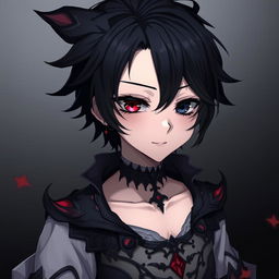 A gothic and depressive anime boy with one red eye and one black eye, black hair styled in a unique fashion, and a subtle enigmatic smile