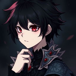 A gothic and depressive anime boy with one red eye and one black eye, black hair styled in a unique fashion, and a subtle enigmatic smile