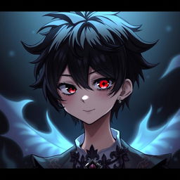 A gothic and depressive anime boy with one red eye and one black eye, black hair styled in a unique fashion, and a subtle enigmatic smile