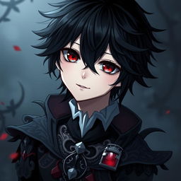 A gothic and depressive anime boy with one red eye and one black eye, black hair styled in a unique fashion, and a subtle enigmatic smile