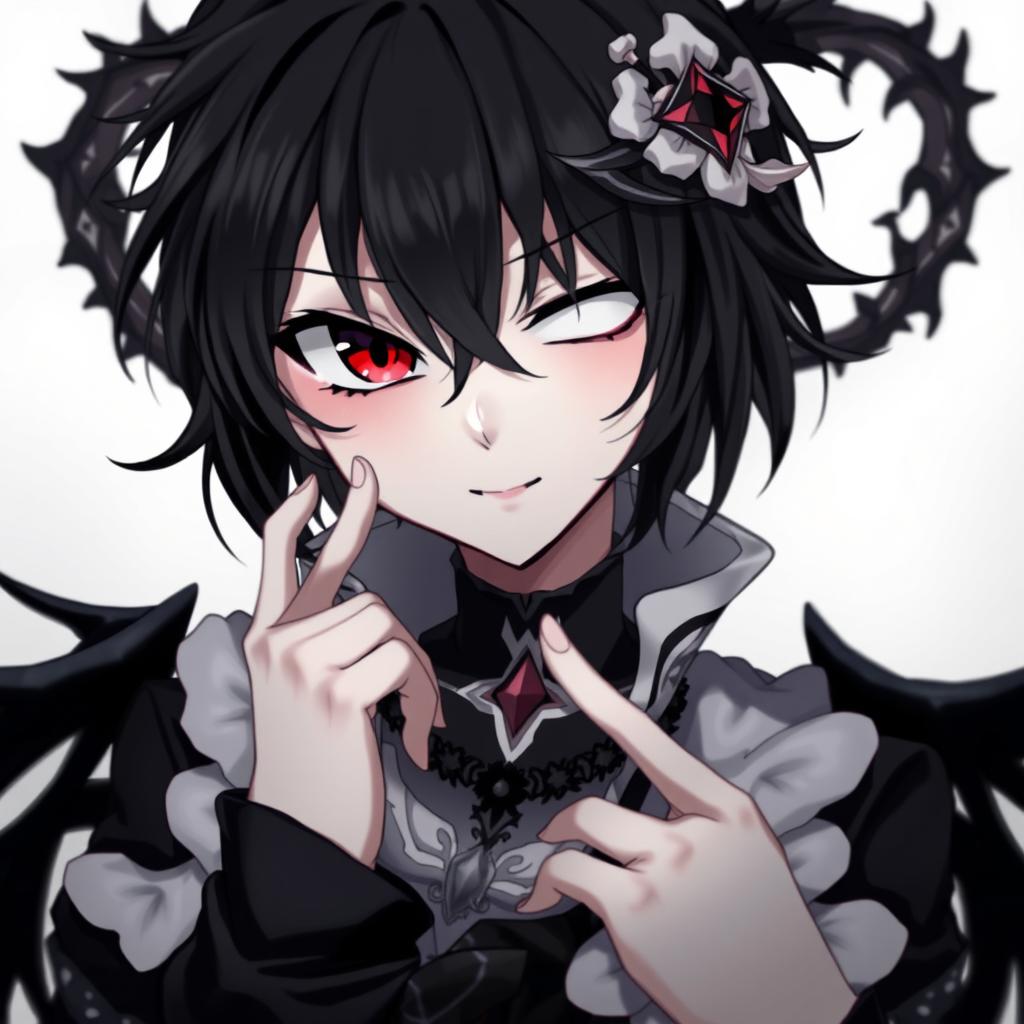 A gothic and depressive anime boy with heterochromia iridis, featuring one red eye and one black eye, with striking black hair and a subtle, mysterious smile