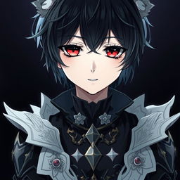 A gothic and depressive anime boy with heterochromia iridis, featuring one red eye and one black eye, with striking black hair and a subtle, mysterious smile