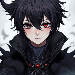 A gothic and depressive anime boy with heterochromia iridis, featuring one red eye and one black eye, with striking black hair and a subtle, mysterious smile