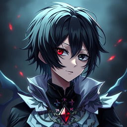 A gothic and depressive anime boy with heterochromia iridis, featuring one red eye and one black eye, with striking black hair and a subtle, mysterious smile