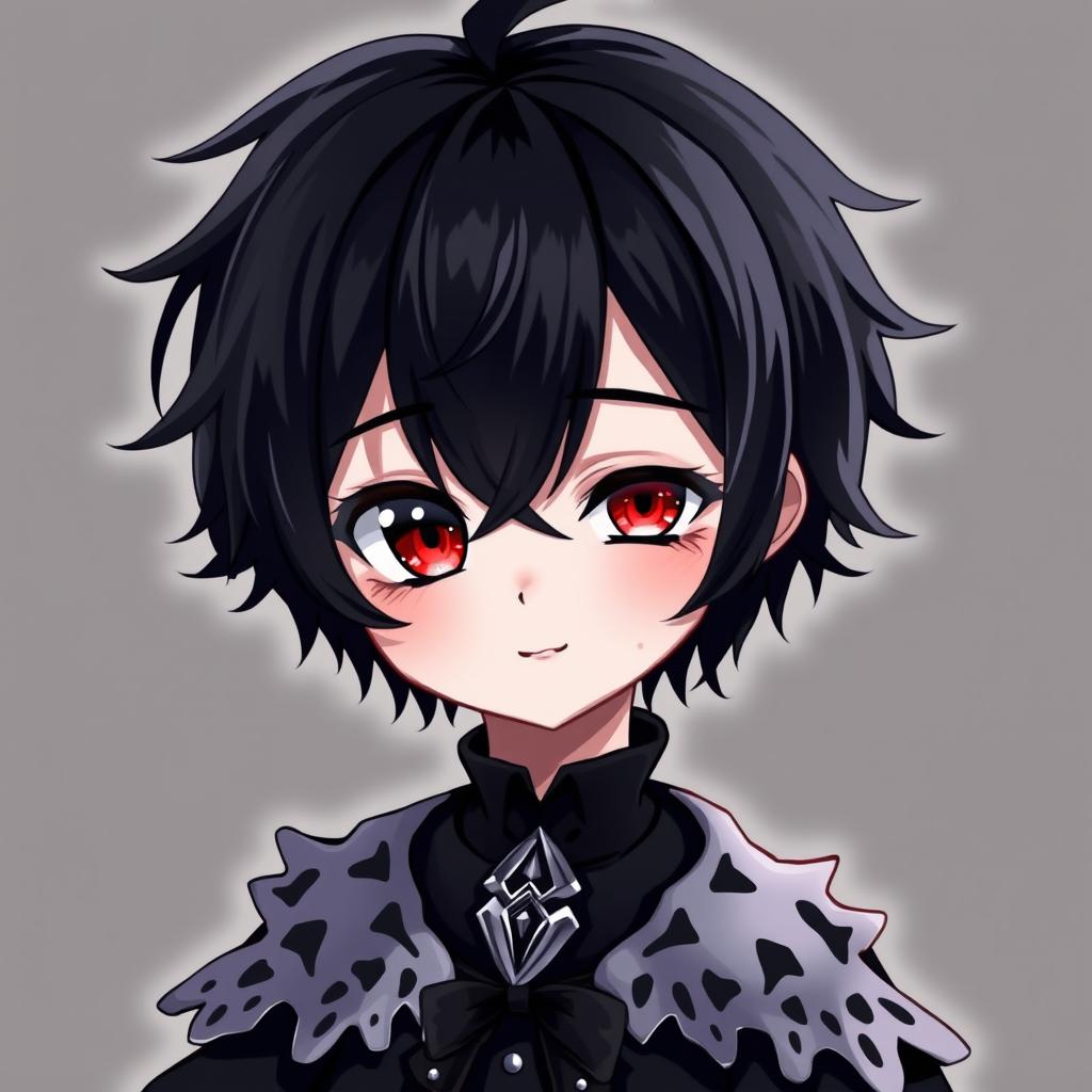 A cute and gothic anime boy with heterochromia iridis, showcasing one red eye and one black eye