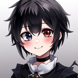 A cute and gothic anime boy with heterochromia iridis, showcasing one red eye and one black eye