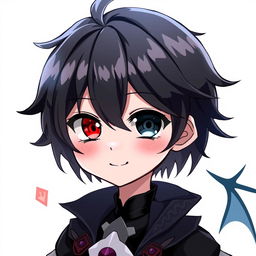 A cute and gothic anime boy with heterochromia iridis, showcasing one red eye and one black eye