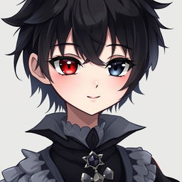 A cute and gothic anime boy with heterochromia iridis, showcasing one red eye and one black eye