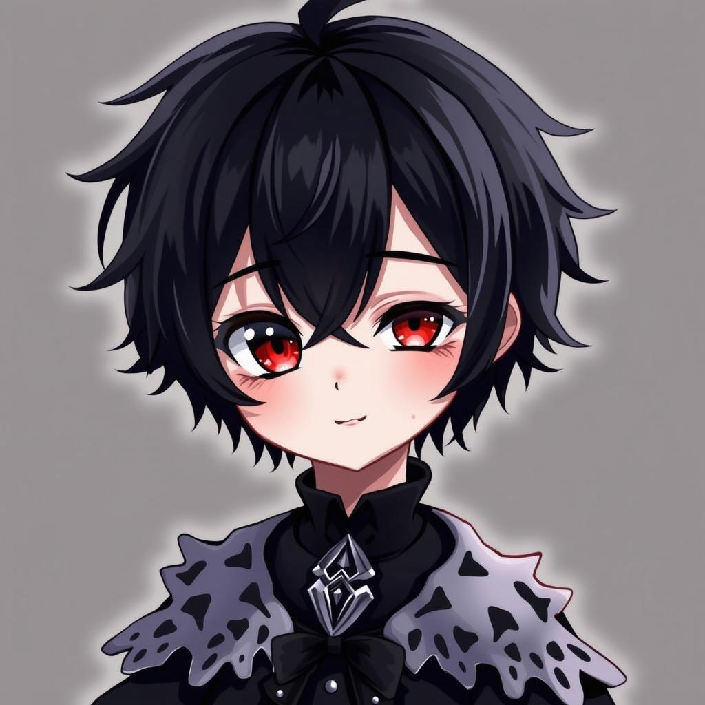 A gothic anime boy with heterochromia, featuring one black eye and one red eye