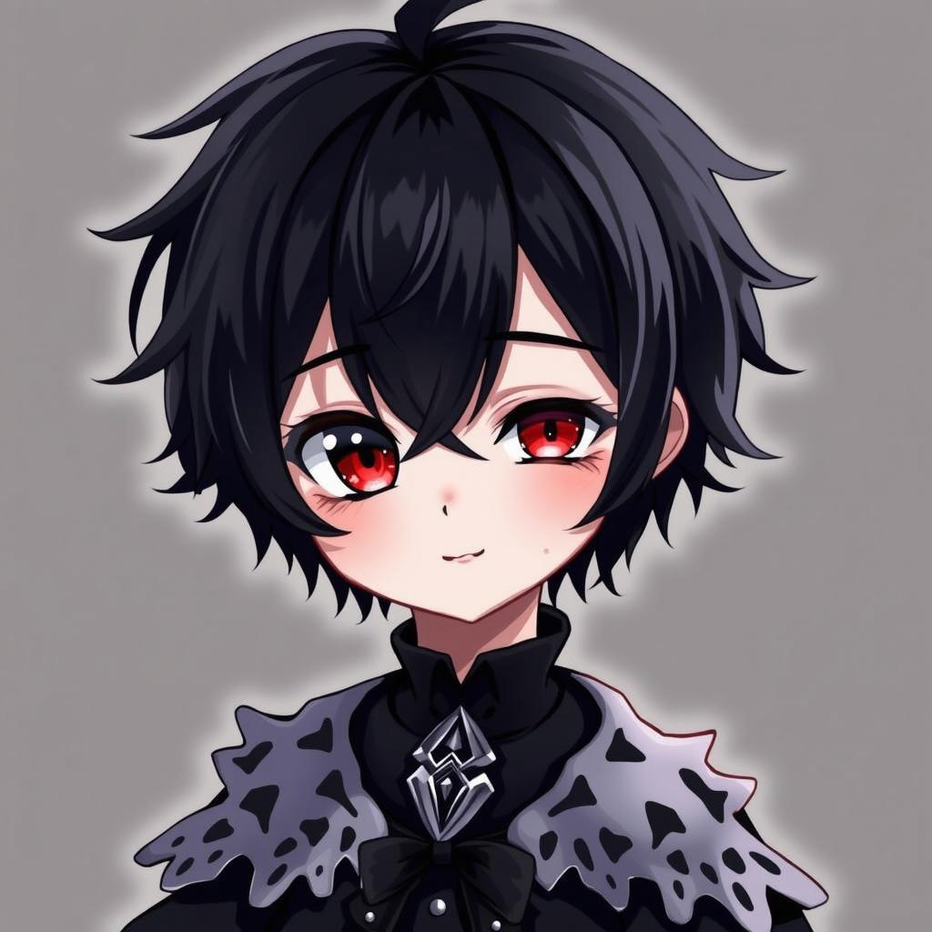 A cute anime boy with gothic elements, featuring heterochromia with one red eye and one black eye