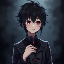 A gothic, depressive anime boy with heterochromia iridis, featuring one red eye and one black eye