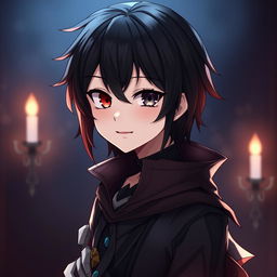 A gothic, depressive anime boy with heterochromia iridis, featuring one red eye and one black eye