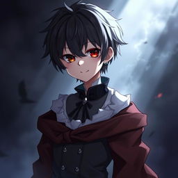 A gothic, depressive anime boy with heterochromia iridis, featuring one red eye and one black eye