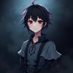 A gothic, depressive anime boy with heterochromia iridis, featuring one red eye and one black eye
