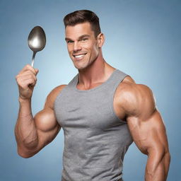 A cartoon-style muscular man confidently holding a spoon