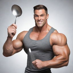 A cartoon-style muscular man confidently holding a spoon