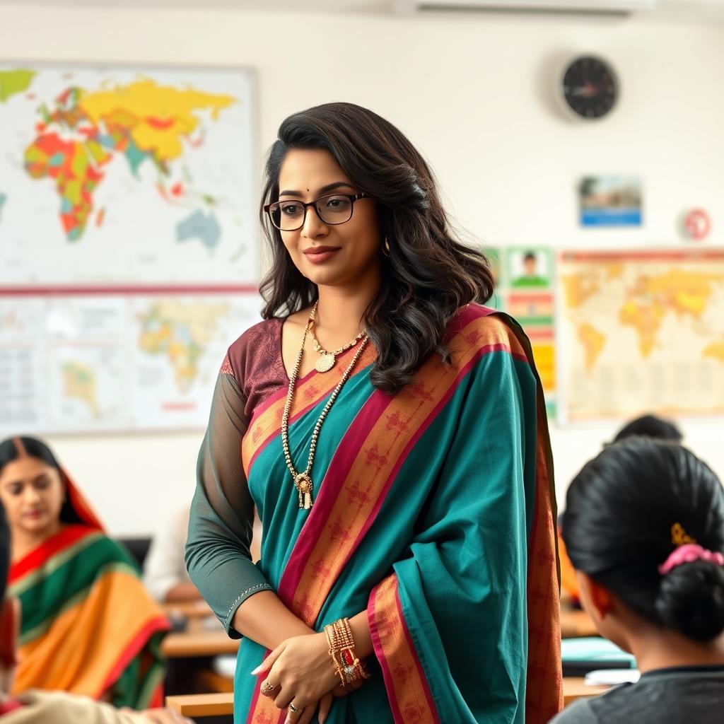 A stylish and modern portrayal of an attractive Indian woman in a classroom setting