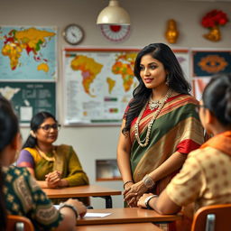 A stylish and modern portrayal of an attractive Indian woman in a classroom setting