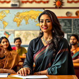 A stylish and modern portrayal of an attractive Indian woman in a classroom setting