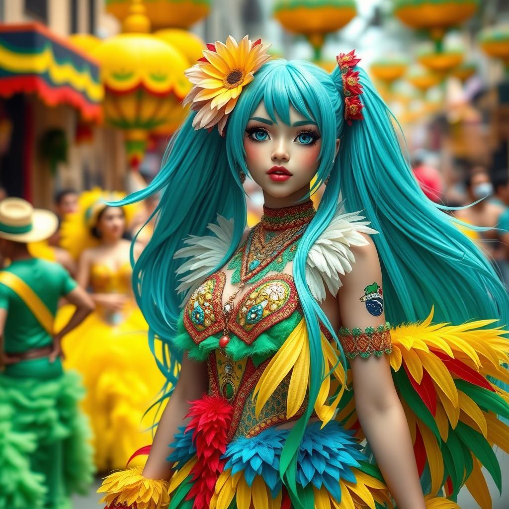 A depiction of Miku Hatsune reimagined as a Brazilian character, wearing a vibrant and colorful carnival costume with feathers and sequins