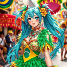 A depiction of Miku Hatsune reimagined as a Brazilian character, wearing a vibrant and colorful carnival costume with feathers and sequins