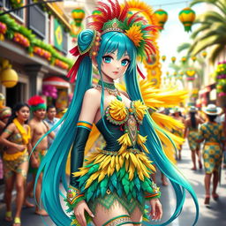 A depiction of Miku Hatsune reimagined as a Brazilian character, wearing a vibrant and colorful carnival costume with feathers and sequins